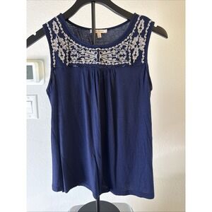 Skies Are Blue Women's Navy Sleeveless Too Embroidered‎ Petite Size Small